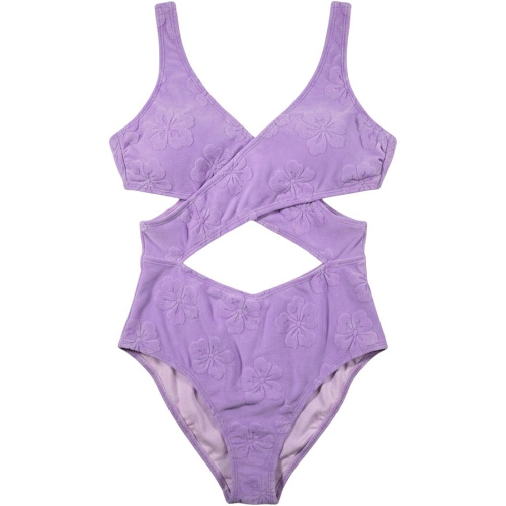 Ninety-Nine One Piece Swimsuit Women Large Purple Floral Cutout Wrap NWT